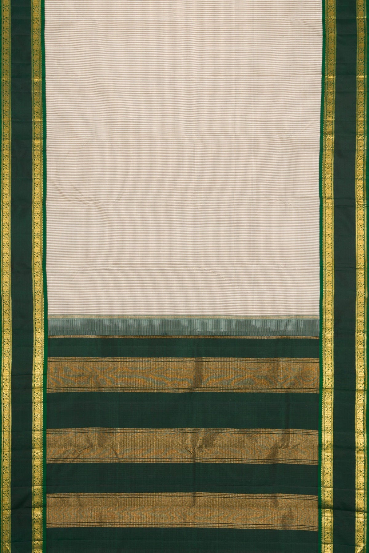 Flat view of Beige Dual Tone Kanjivaram Silk Saree with Checked design on the body and Zari Border. 