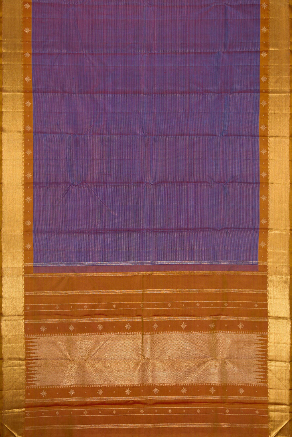 Flat view of Pure Silk Pure Zari Purple Dual Tone Kanjivaram Saree with Stripes on the body and Zari Border. 