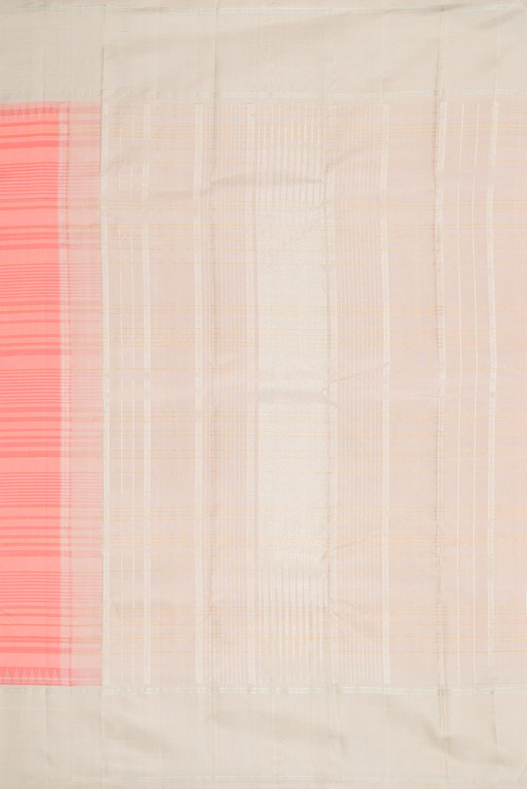 Close up image of the pallu of Peach Dual Tone Kanjivaram Silk Saree with Stripes on the body and Zari Border. 