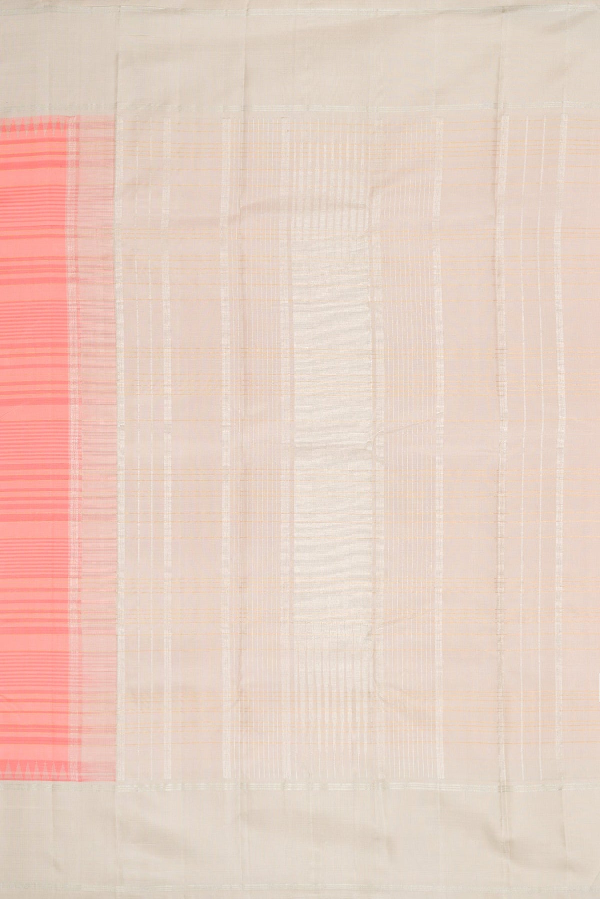 Close up image of the pallu of Peach Dual Tone Kanjivaram Silk Saree with Stripes on the body and Zari Border. 