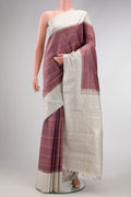 Mauve Kanjivaram Silk Saree with Stripes on the body and Plain Border.  displayed on a mannequin