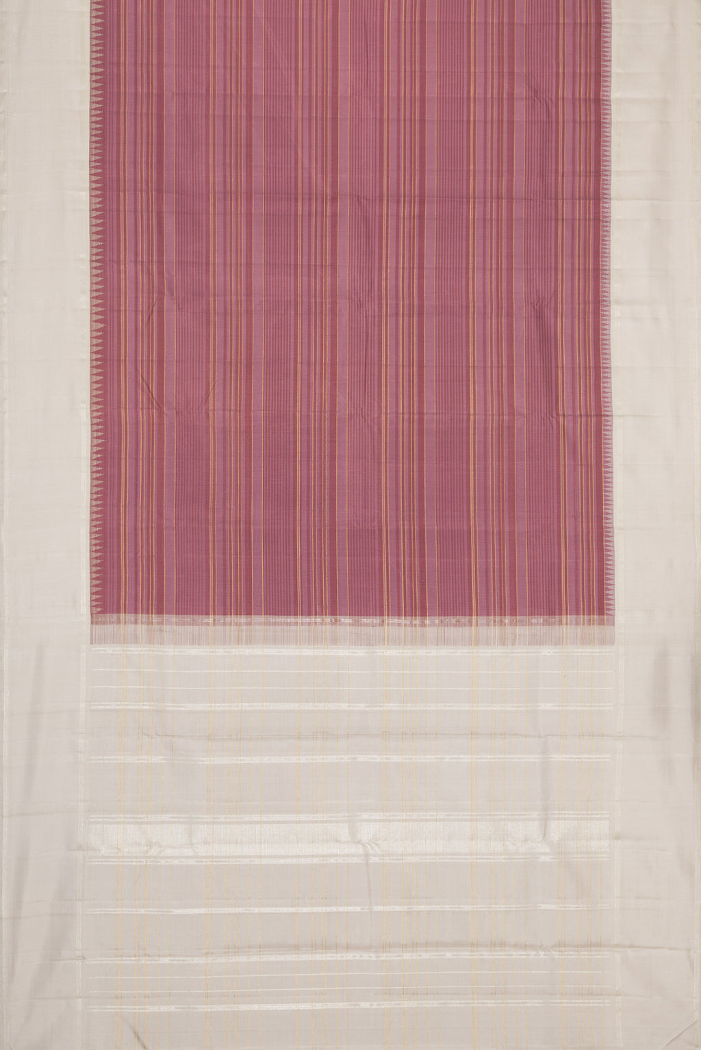 Flat view of Mauve Kanjivaram Silk Saree with Stripes on the body and Plain Border. 