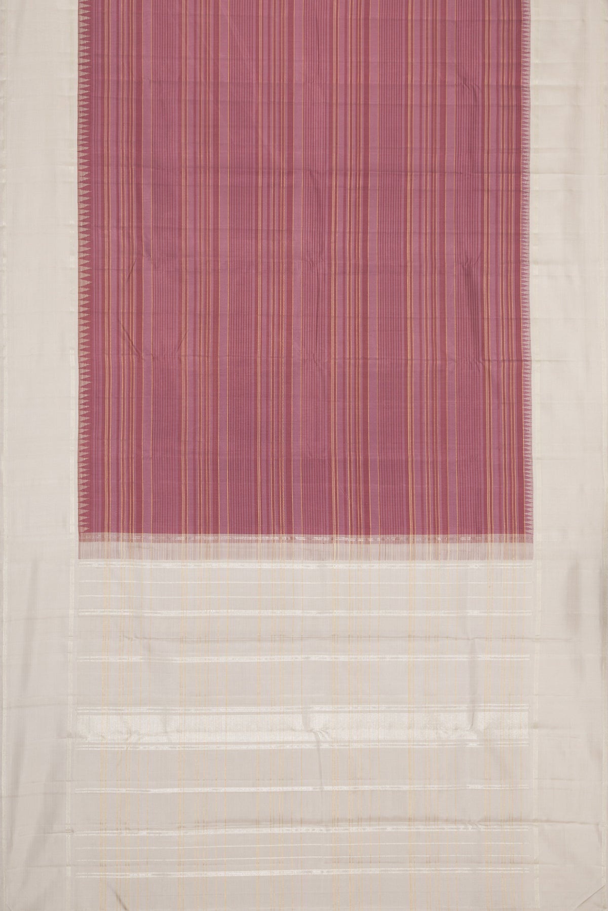 Flat view of Mauve Kanjivaram Silk Saree with Stripes on the body and Plain Border. 