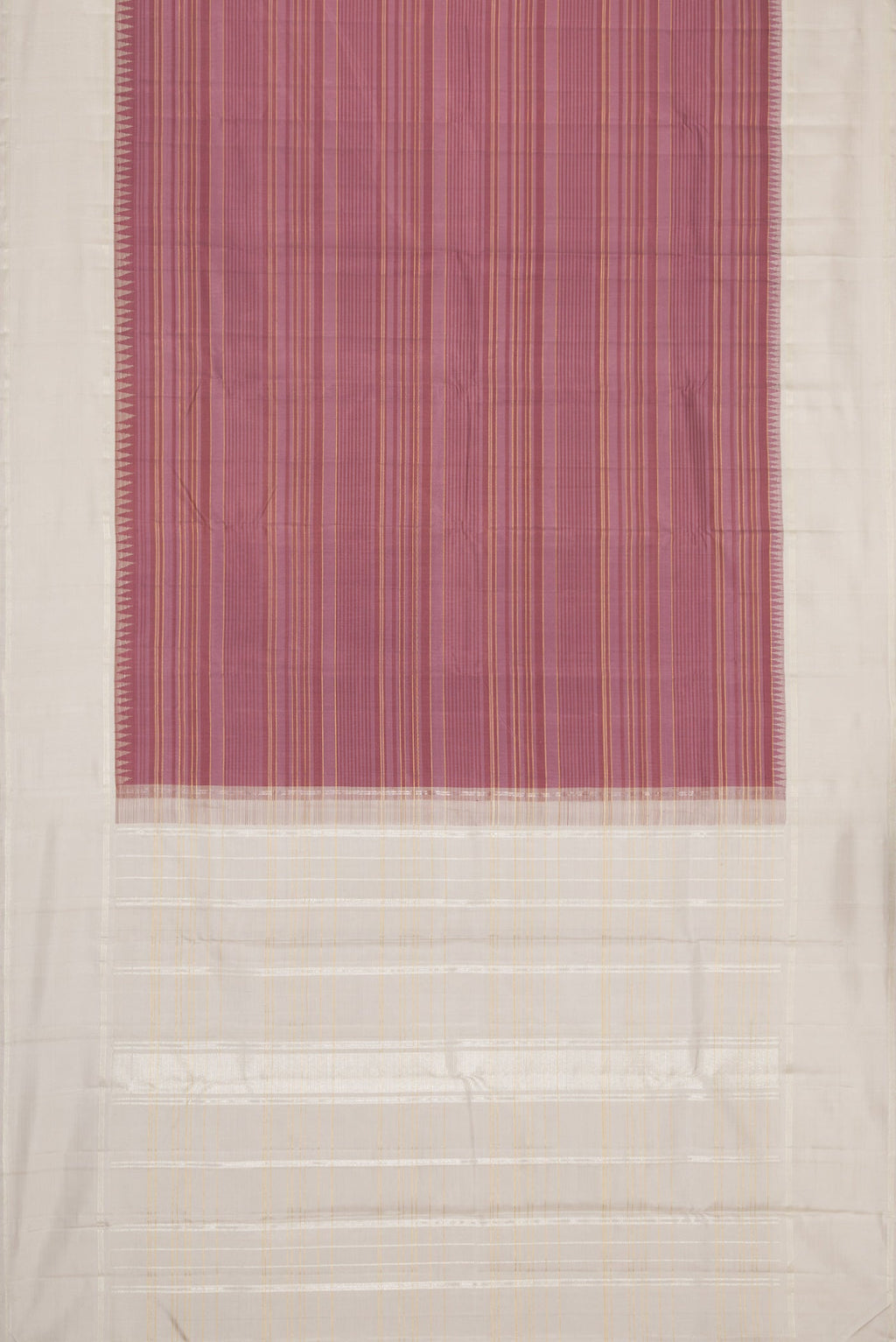 Flat view of Purple Dual Tone Kanjivaram Silk Saree with Stripes on the body and Zari Border. 