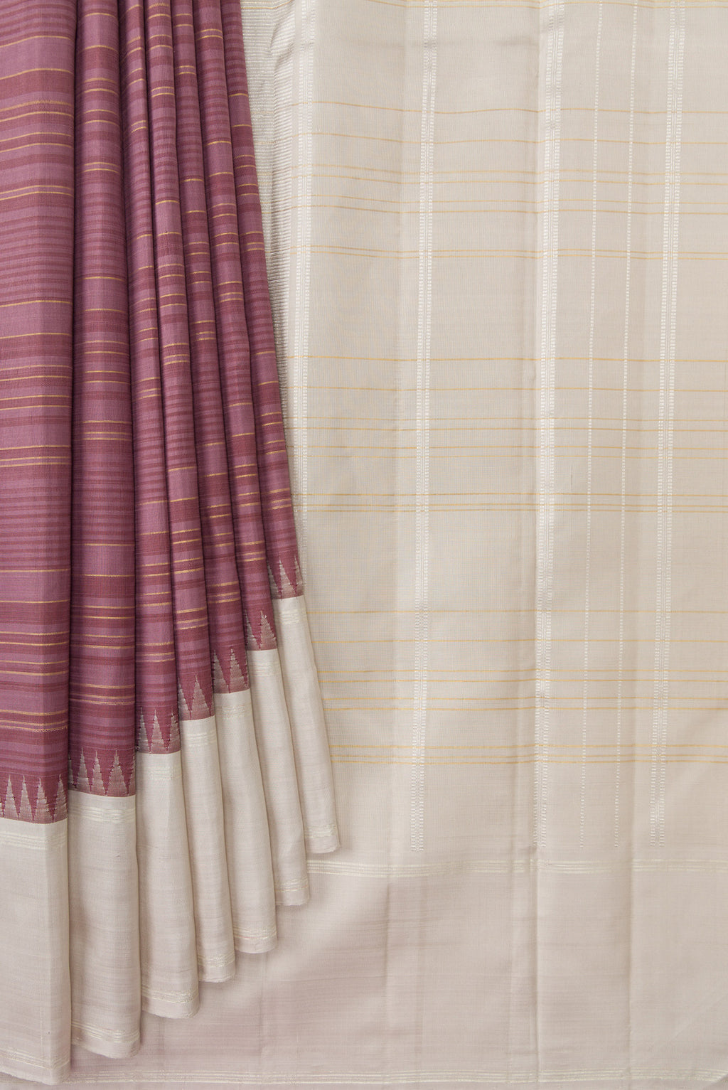 Pleats and pallu of Mauve Kanjivaram Silk Saree with Stripes on the body and Plain Border. 