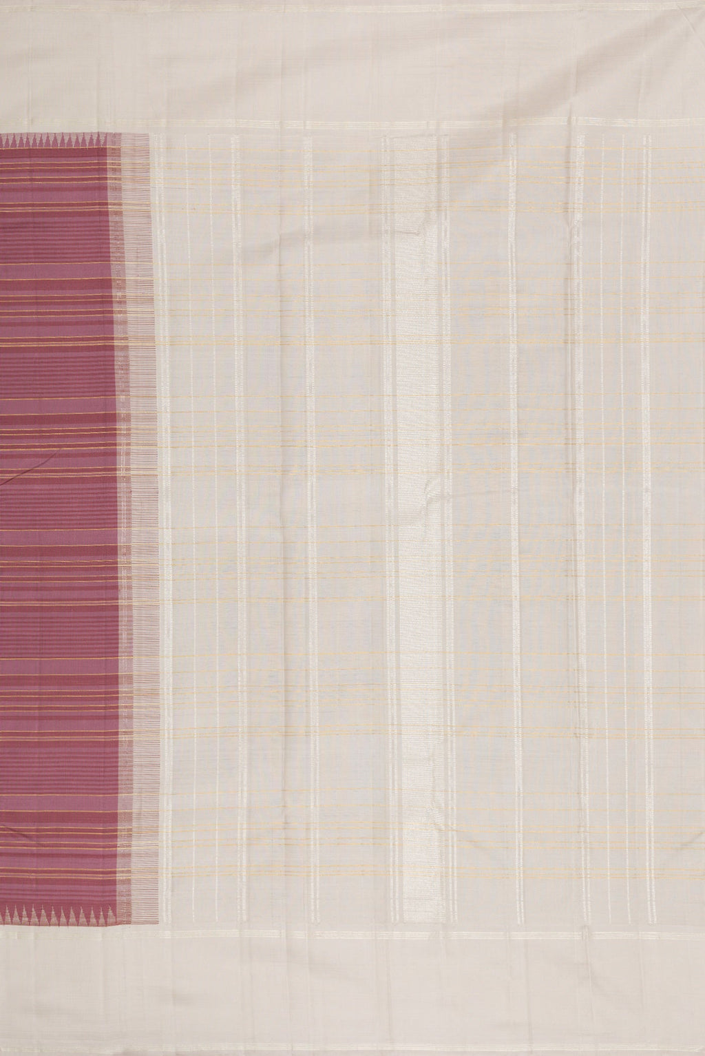 Close up image of the pallu of Purple Dual Tone Kanjivaram Silk Saree with Stripes on the body and Zari Border. 