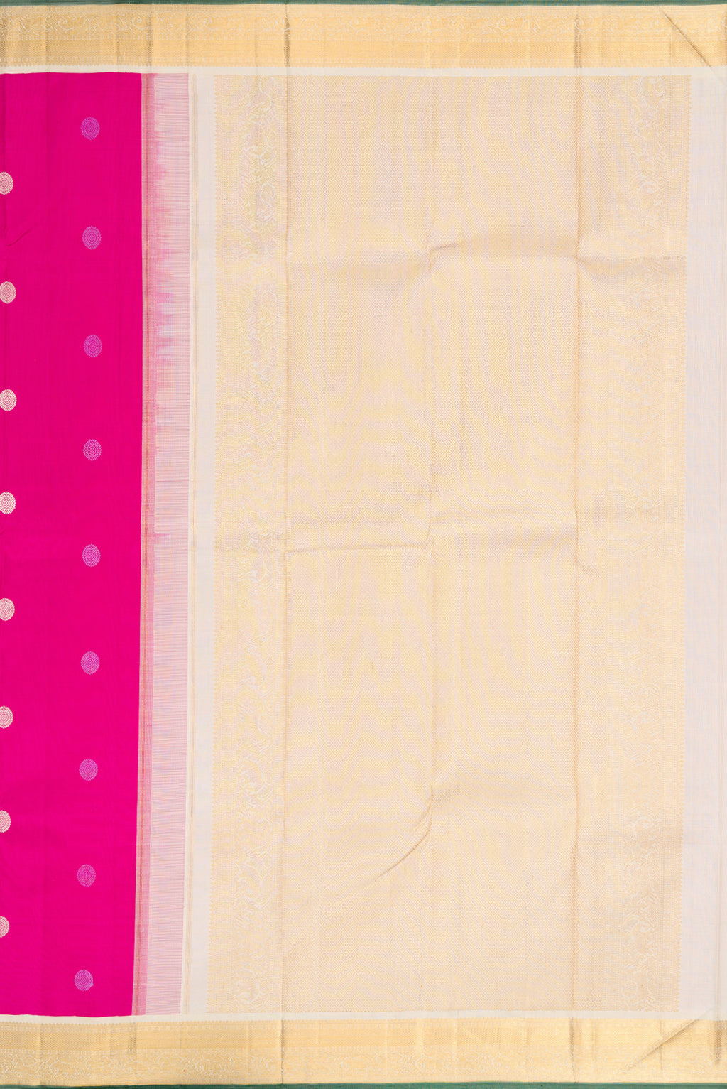 Close up image of the pallu of Pink Kanjivaram Silk Saree with Thread Butta on the body and Zari Border. 