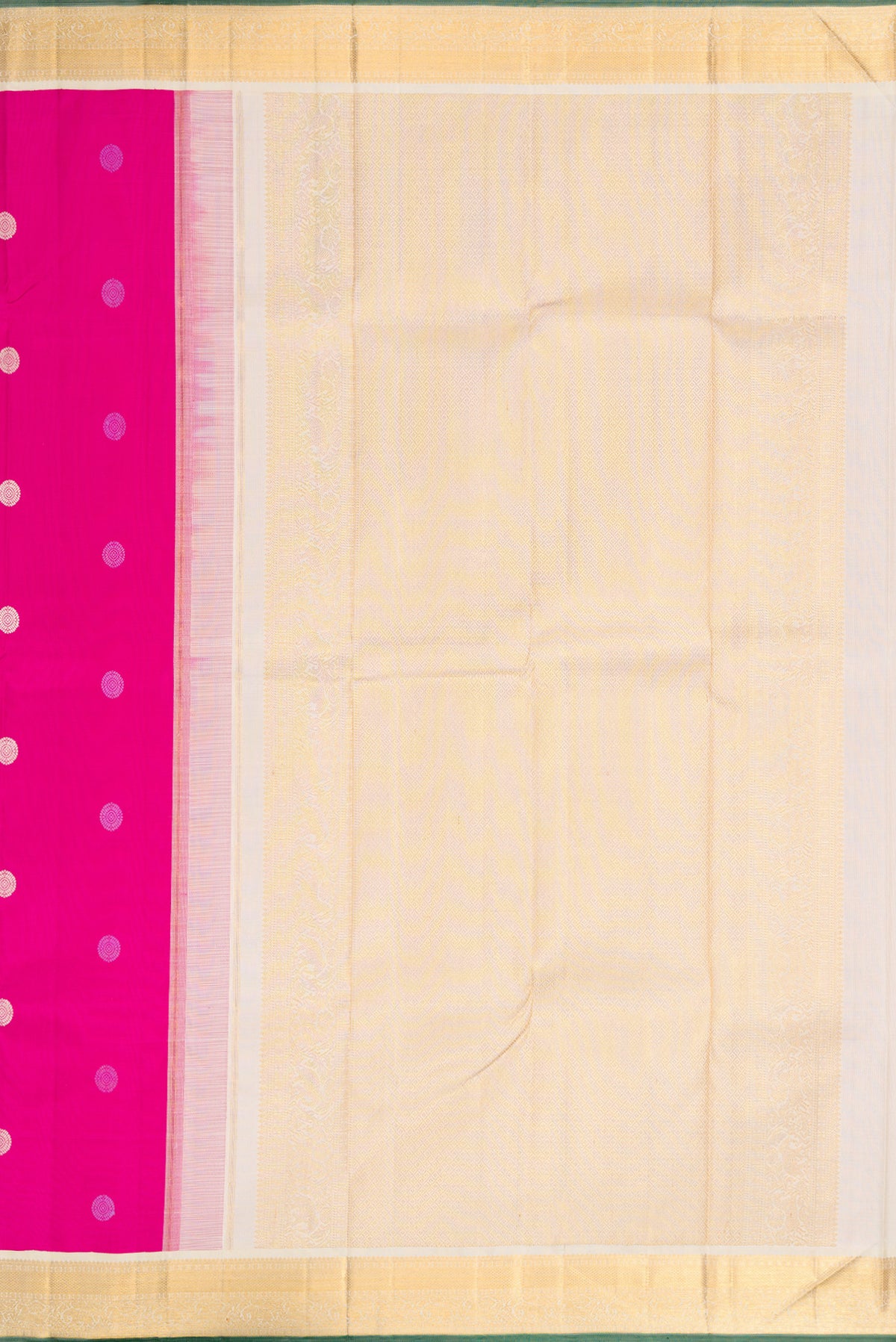 Close up image of the pallu of Pink Kanjivaram Silk Saree with Thread Butta on the body and Zari Border. 
