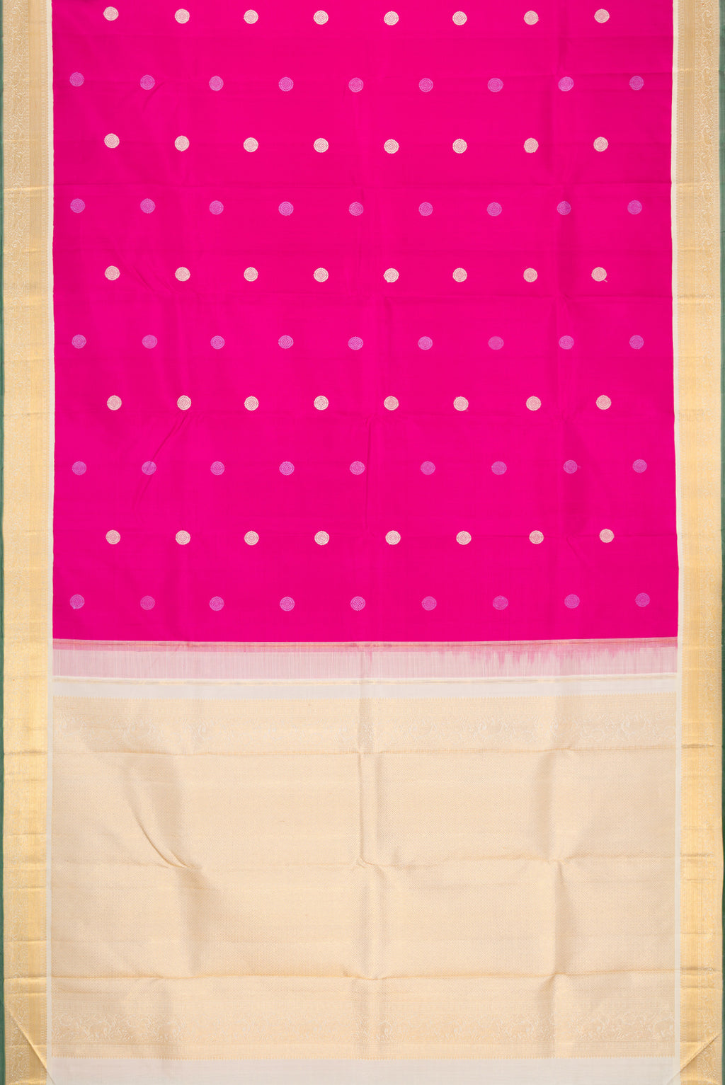 Flat view of Pink Kanjivaram Silk Saree with Thread Butta on the body and Zari Border. 