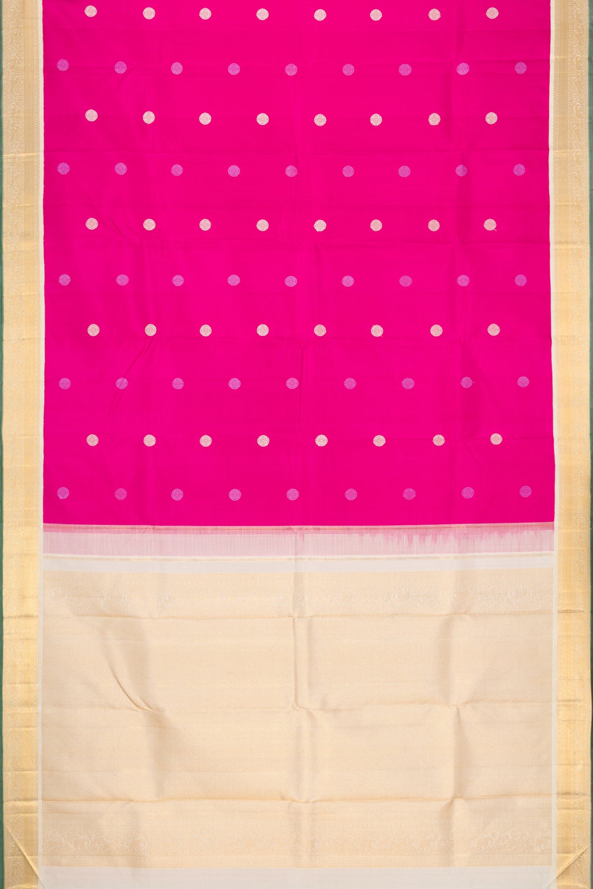Flat view of Pink Kanjivaram Silk Saree with Thread Butta on the body and Zari Border. 