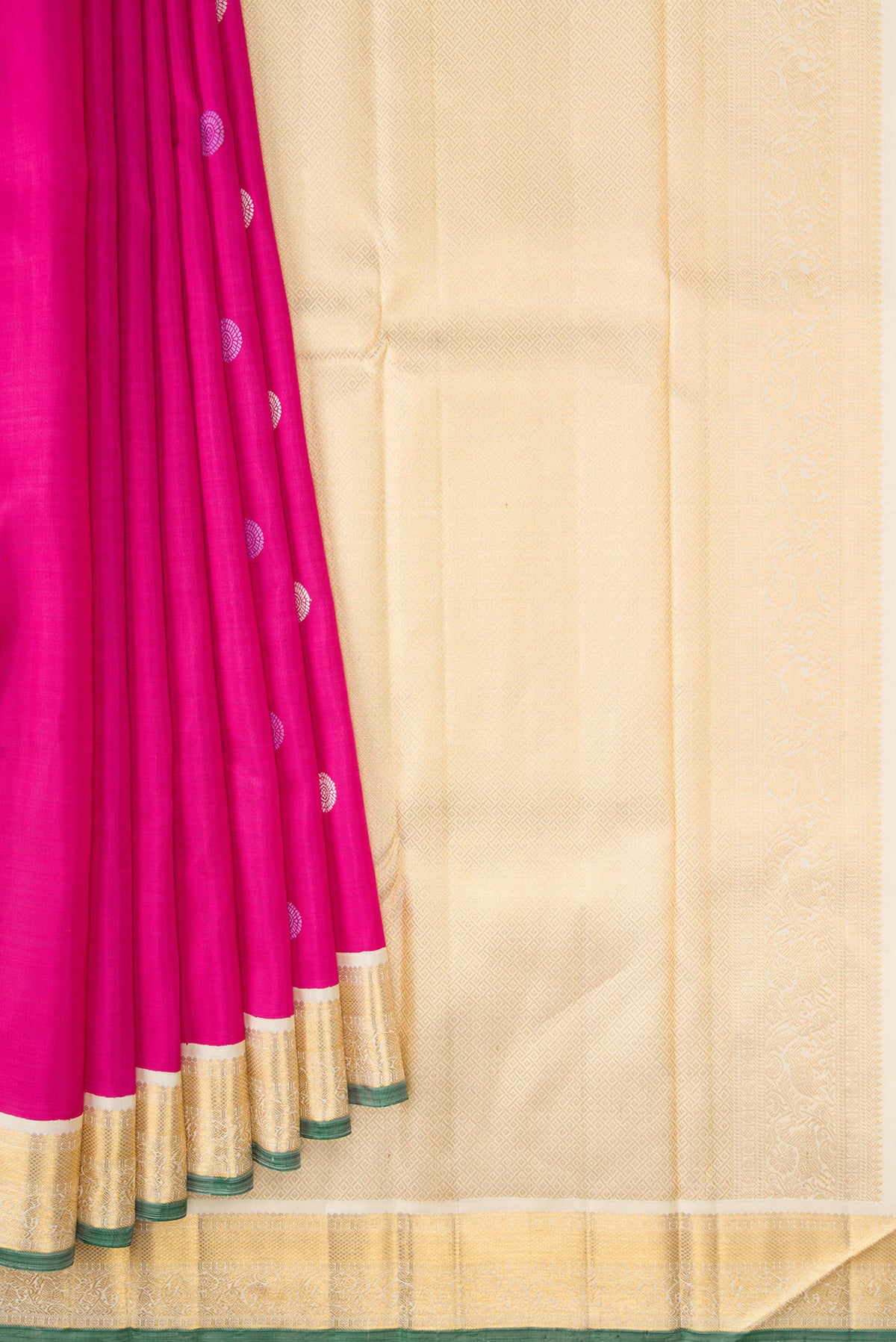 Pleats and pallu of Pink Kanjivaram Silk Saree with Thread Butta on the body and Zari Border. 