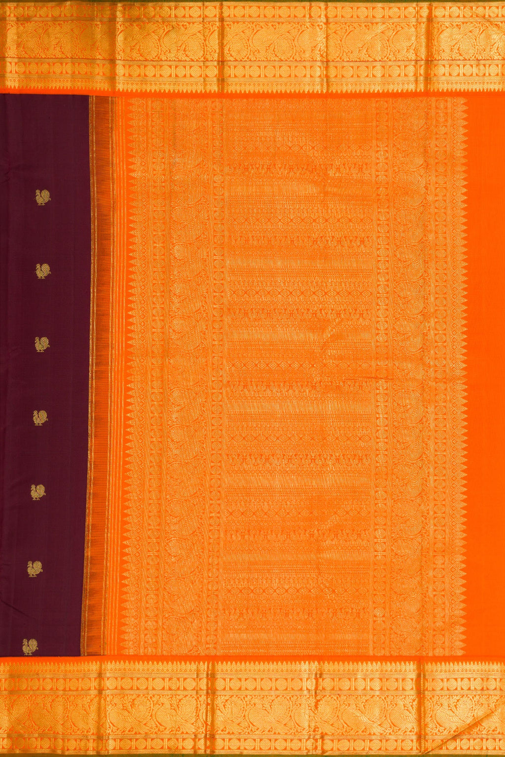 Close up image of the pallu of Coffee Brown Dual Tone Kanjivaram Silk Saree with Zari Butta on the body and Zari Border. 