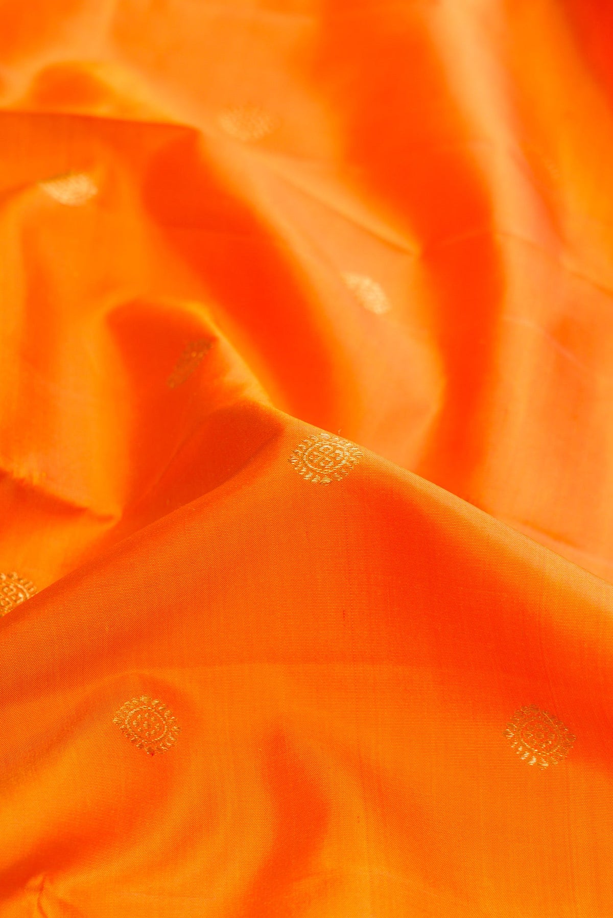 Close up of Mustard Dual Tone Kanjivaram Silk Saree with Zari Butta on the body and Zari Border.  displaying folds