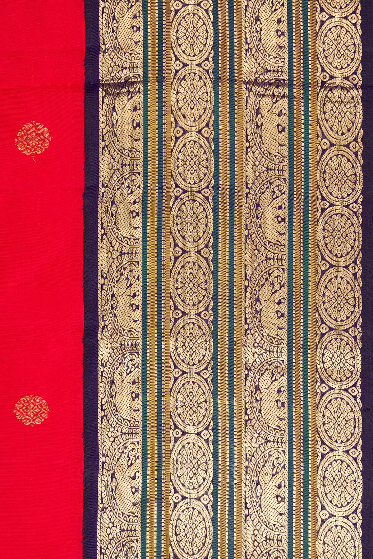 Border image of Red Dual Tone Kanjivaram Silk Saree with Zari Butta on the body and Zari Border. 