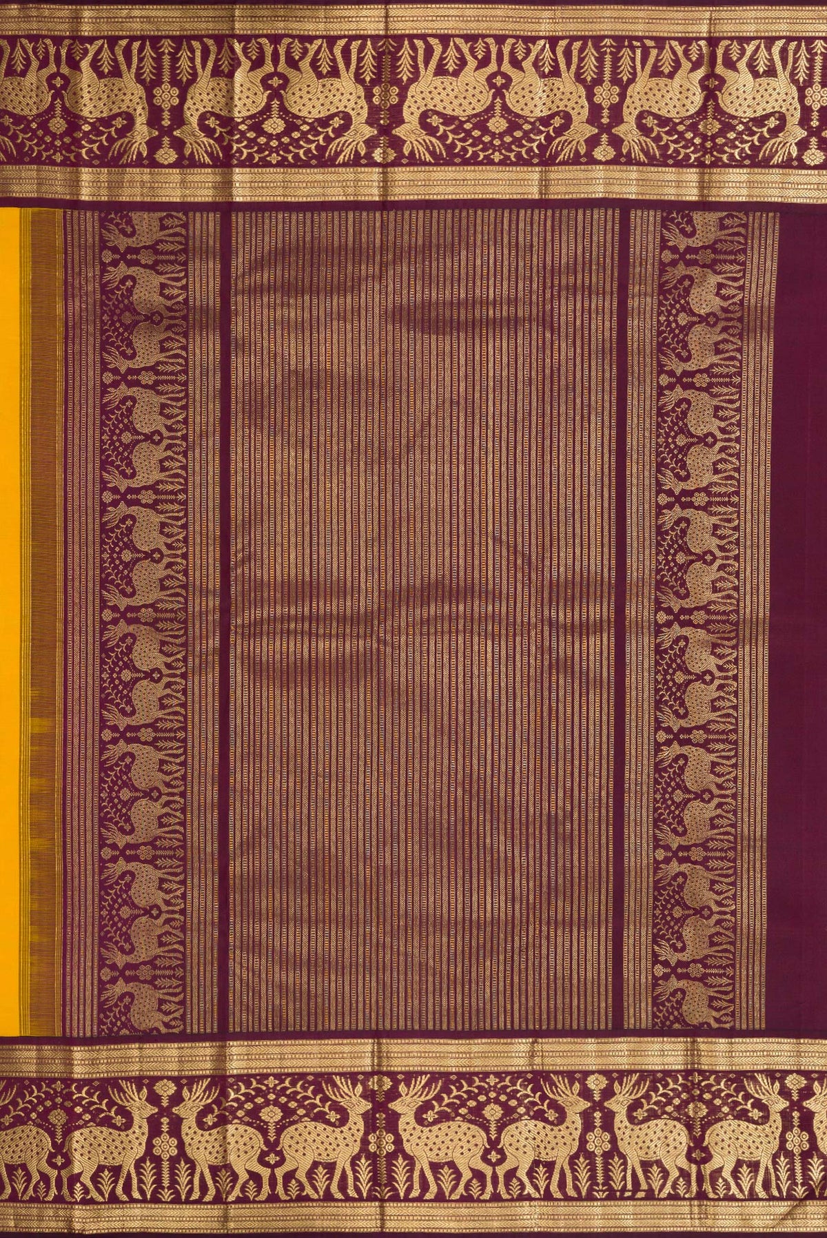 Close up image of the pallu of Mustard Dual Tone Kanjivaram Silk Saree with Thread Butta on the body and Fancy Border. 