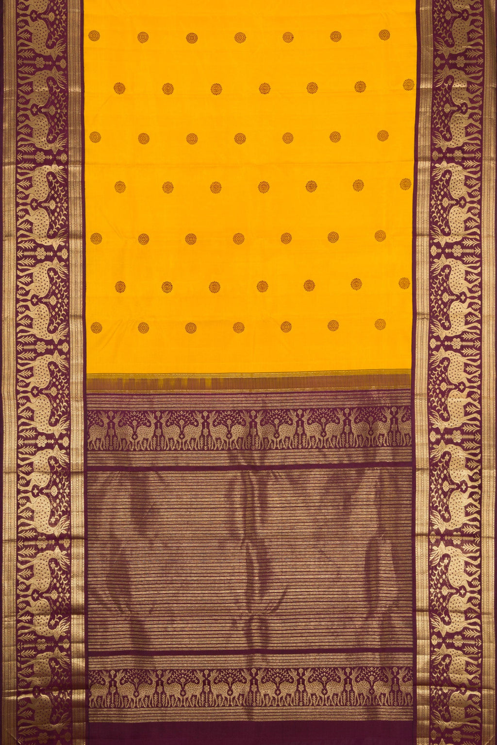 Flat view of Mustard Dual Tone Kanjivaram Silk Saree with Thread Butta on the body and Fancy Border. 