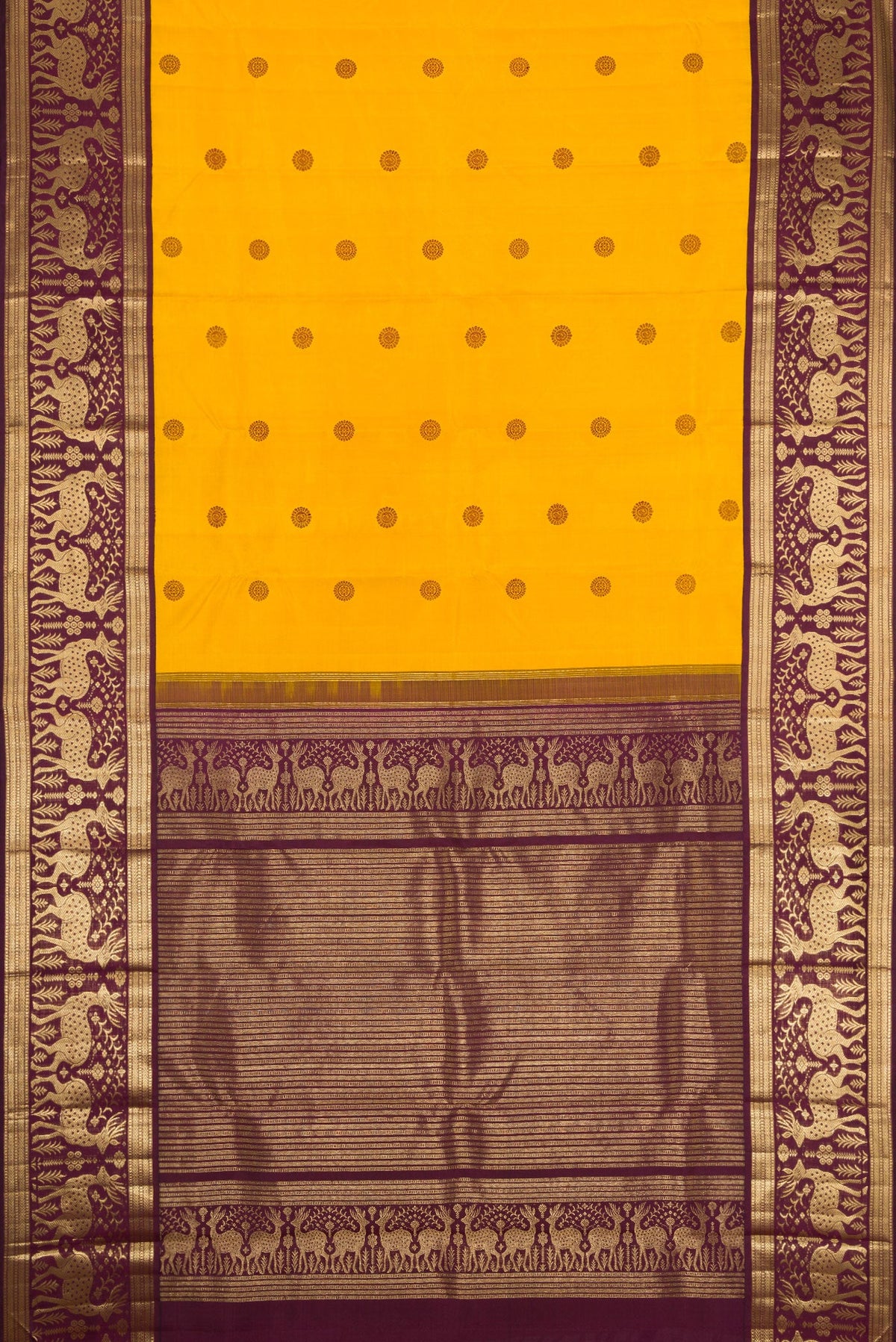 Flat view of Mustard Dual Tone Kanjivaram Silk Saree with Thread Butta on the body and Fancy Border. 