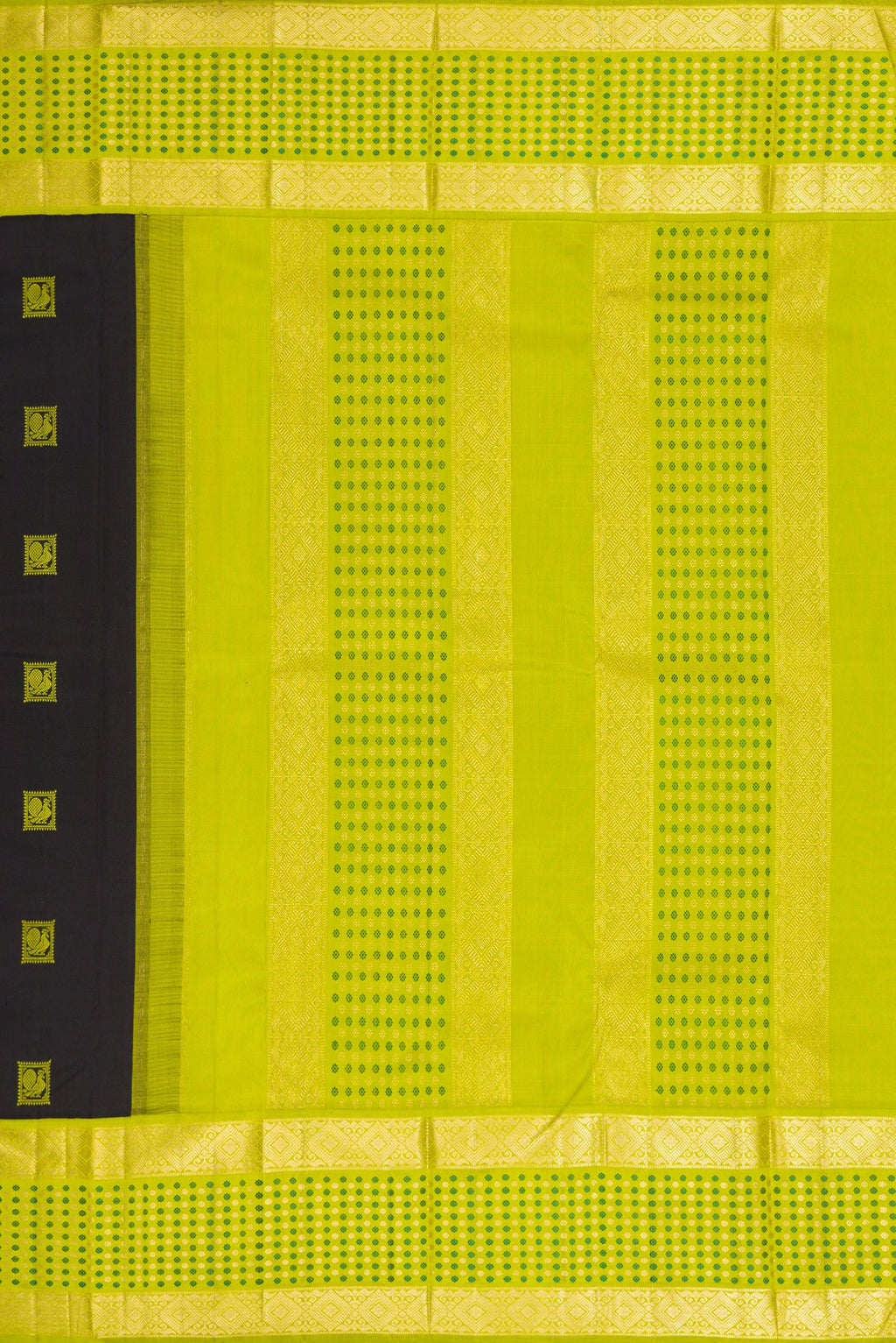 Close up image of the pallu of Black Dual Tone Kanjivaram Silk Saree with Thread Butta on the body and Fancy Border. 