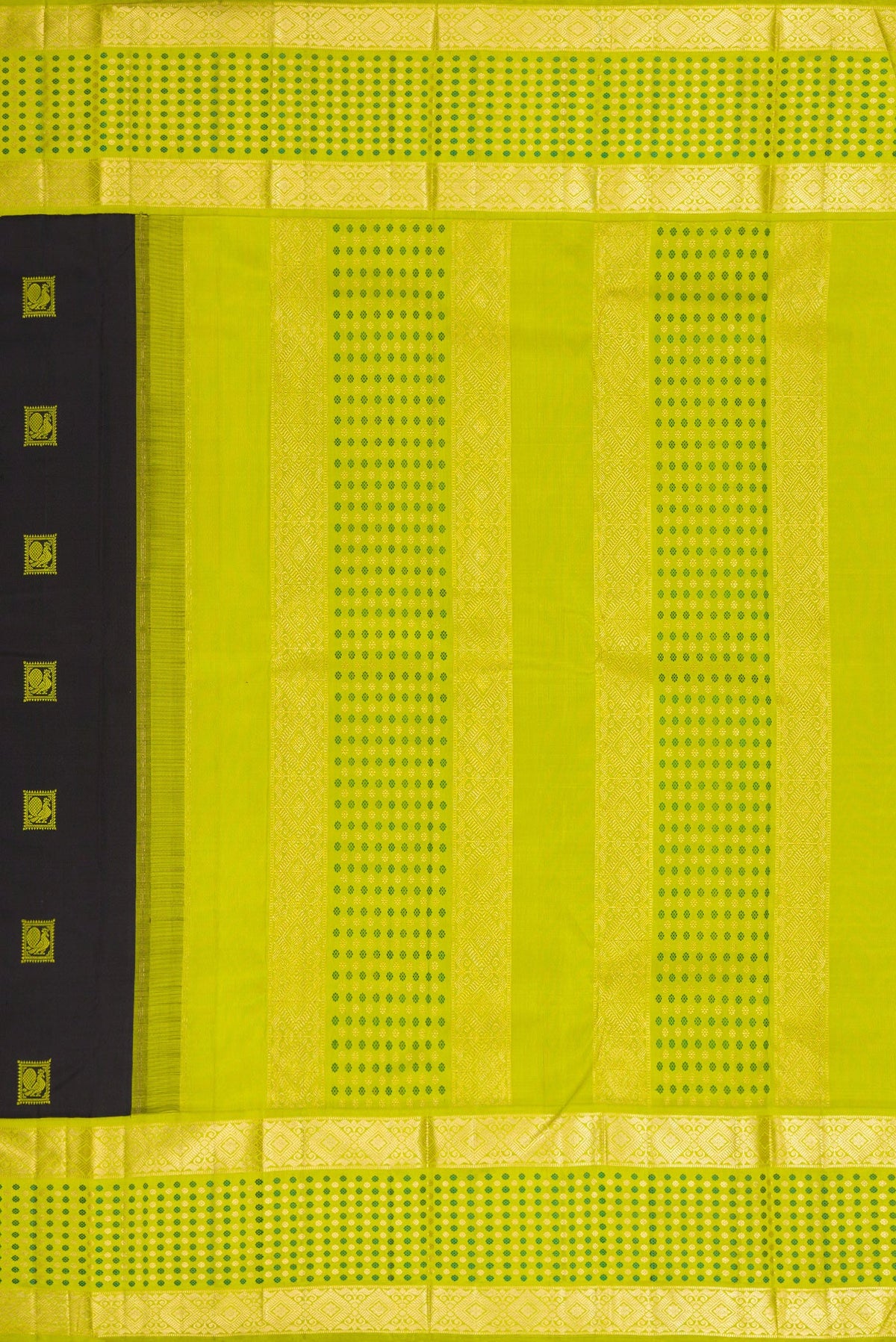 Close up image of the pallu of Black Dual Tone Kanjivaram Silk Saree with Thread Butta on the body and Fancy Border. 