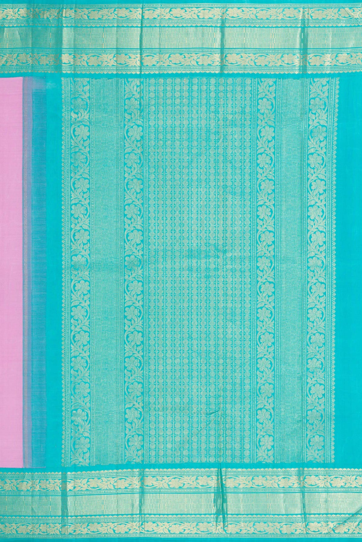 Close up image of the pallu of Pure Silk Pure Zari Pink Dual Tone Kanjivaram Saree with Thread Butta on the body and Zari Border. 