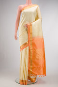 Sandal Dual Tone Kanjivaram Silk Saree with Plain Body and Zari Border.  displayed on a mannequin