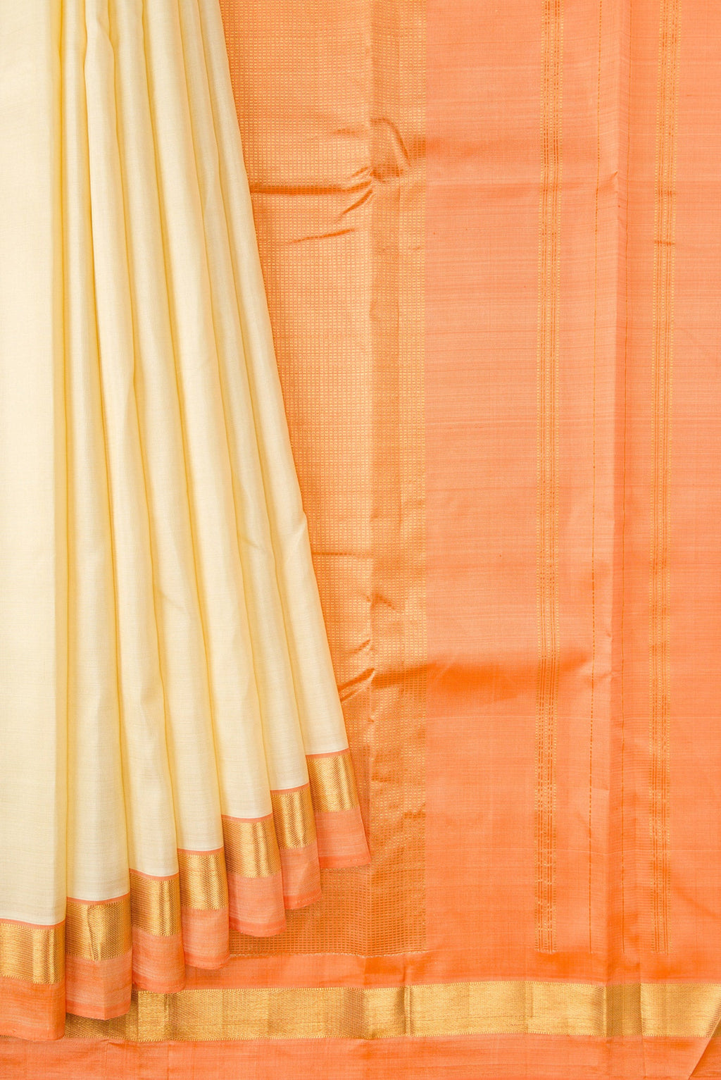 Pleats and pallu of Sandal Dual Tone Kanjivaram Silk Saree with Plain Body and Zari Border. 