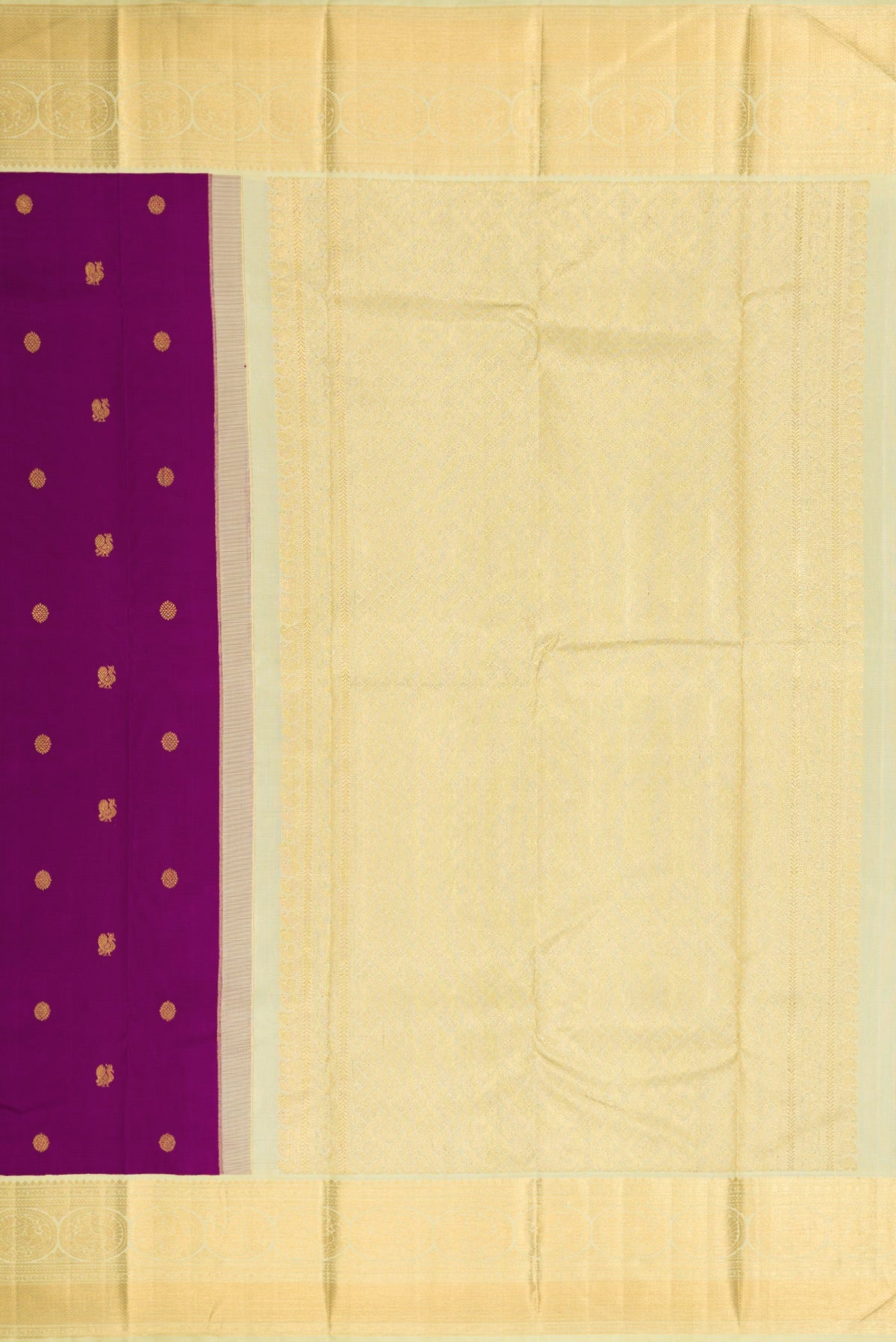 Close up image of the pallu of Purple Dual Tone Kanjivaram Silk Saree with Zari Butta on the body and Zari Border. 