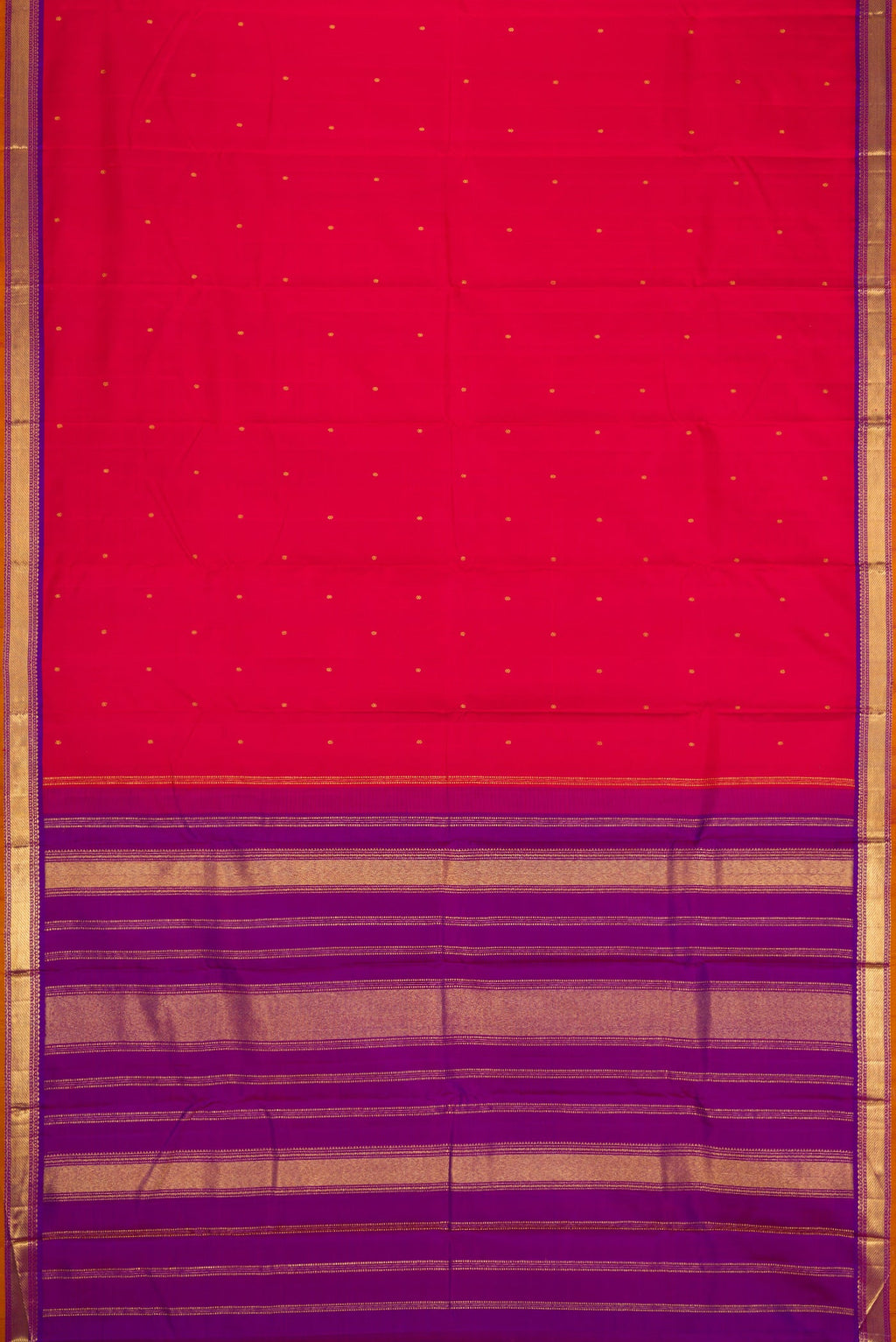 Flat view of Red Dual Tone Kanchipuram Silk Saree with Zari Butta on the body and Zari Border. 