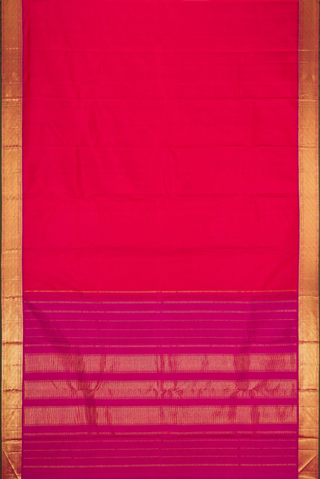 Flat view of Pure Silk Pure Zari Dark Pink Dual Tone Kanchipuram Saree with Plain Body and Zari Border. 