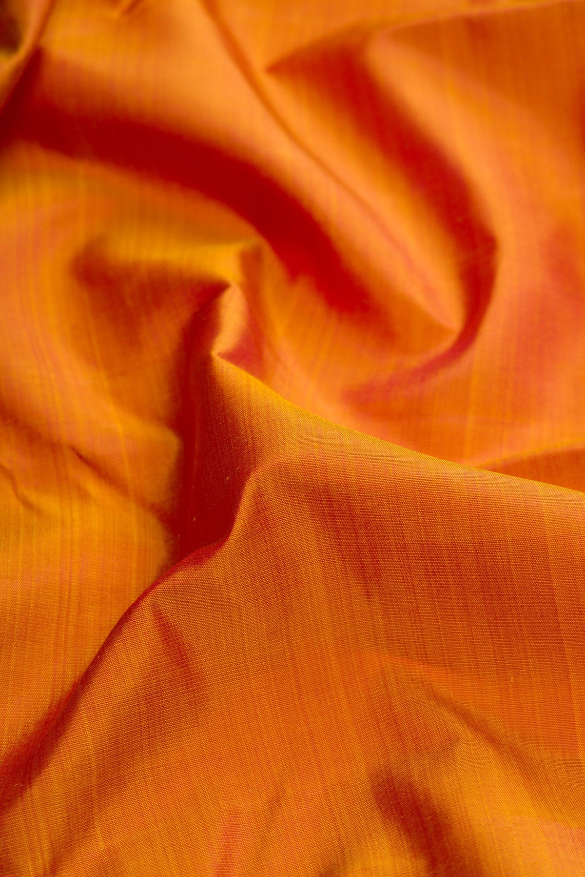 Close up of Mustard Dual Tone Kanjivaram Silk Saree with Plain Body and Fancy Border.  displaying folds