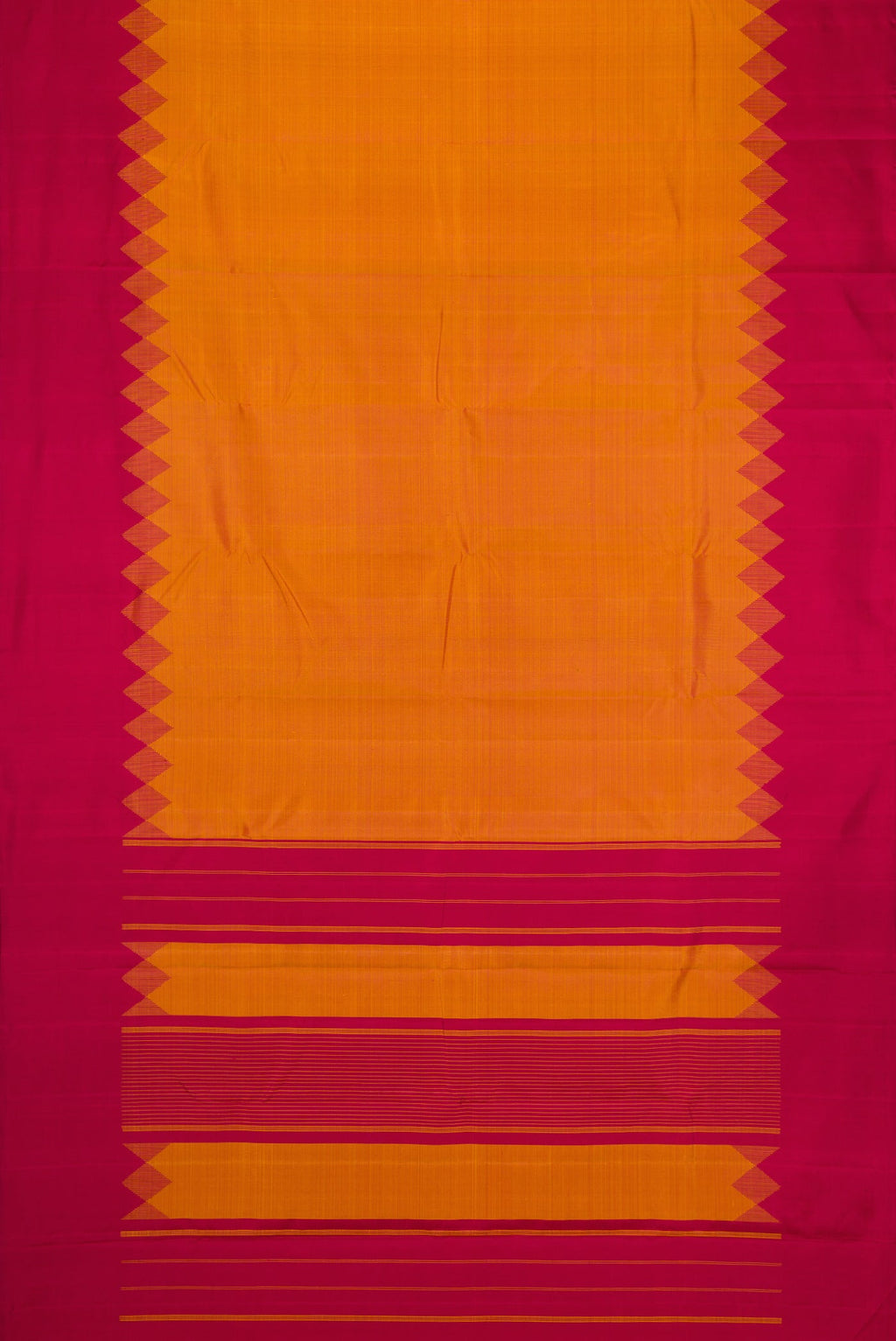 Flat view of Mustard Dual Tone Kanjivaram Silk Saree with Plain Body and Fancy Border. 