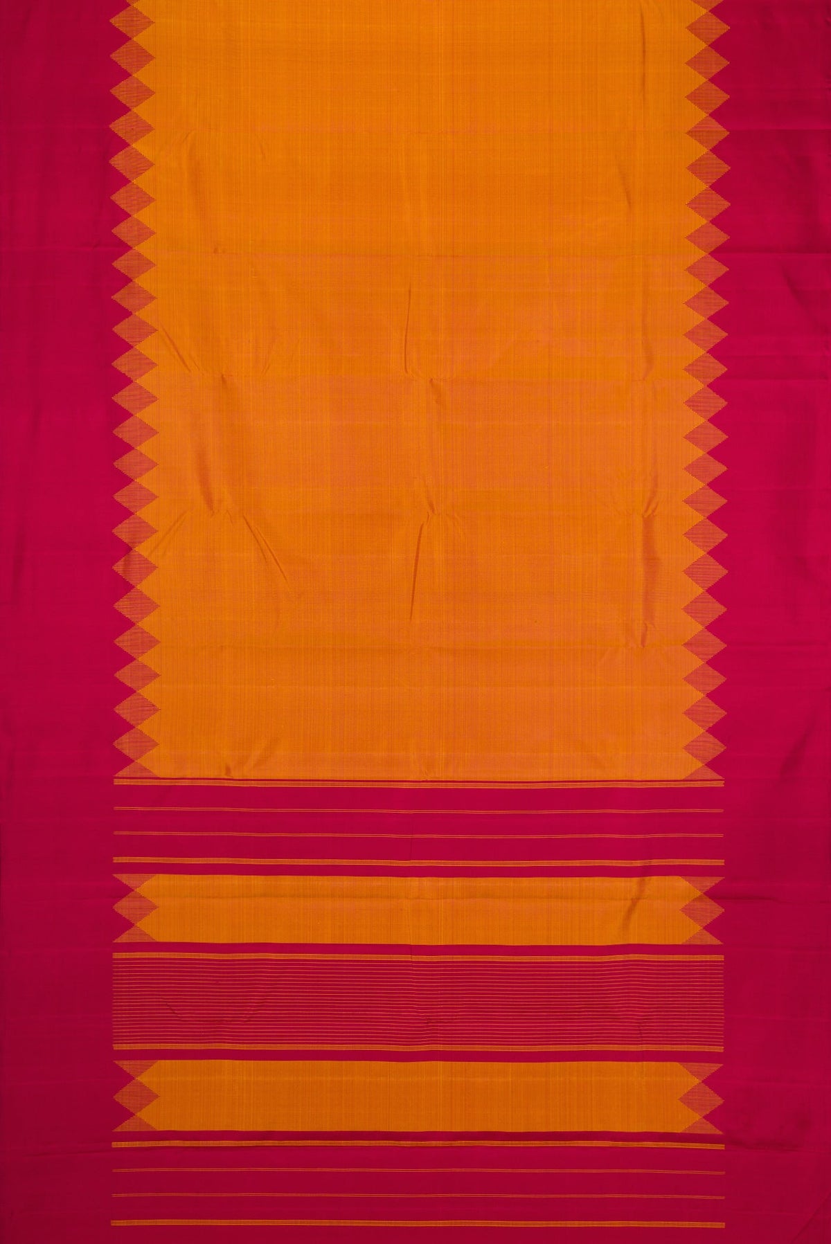Flat view of Mustard Dual Tone Kanjivaram Silk Saree with Plain Body and Fancy Border. 