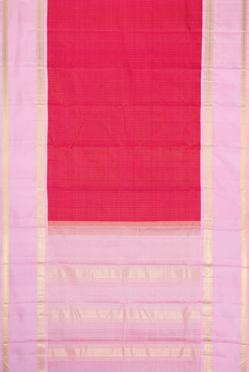 Flat view of Pink Dual Tone Kanjivaram Silk Saree with Checked design on the body and Zari Border. 