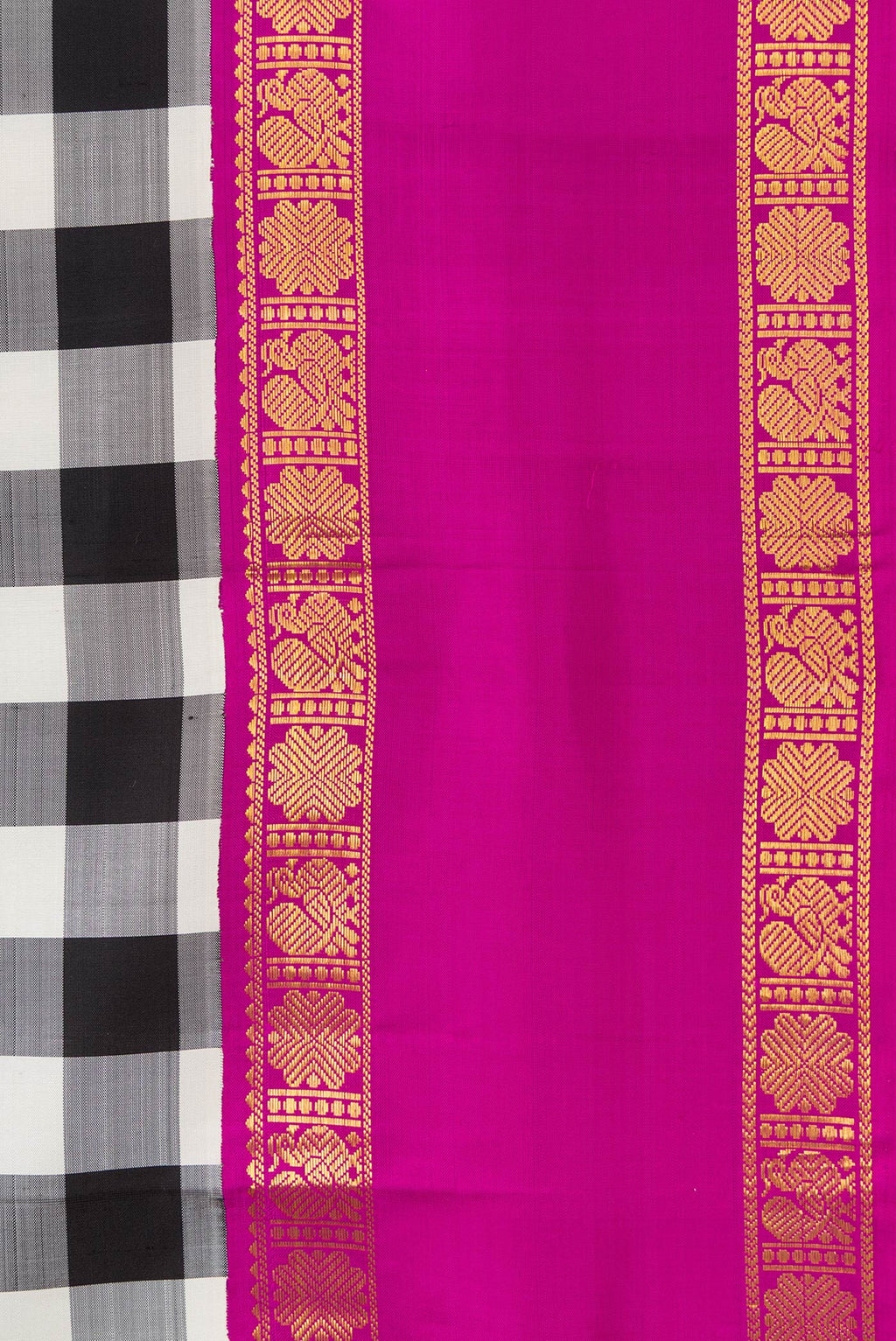 Border image of White and Black Color Kanjivaram Silk Saree with Checked design on the body and Zari Border. 