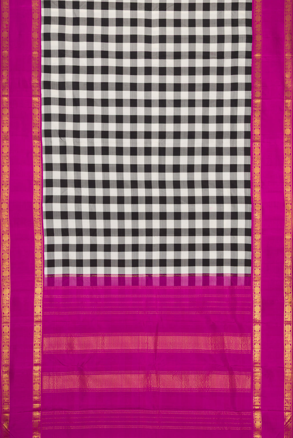 Flat view of White and Black Color Kanjivaram Silk Saree with Checked design on the body and Zari Border. 
