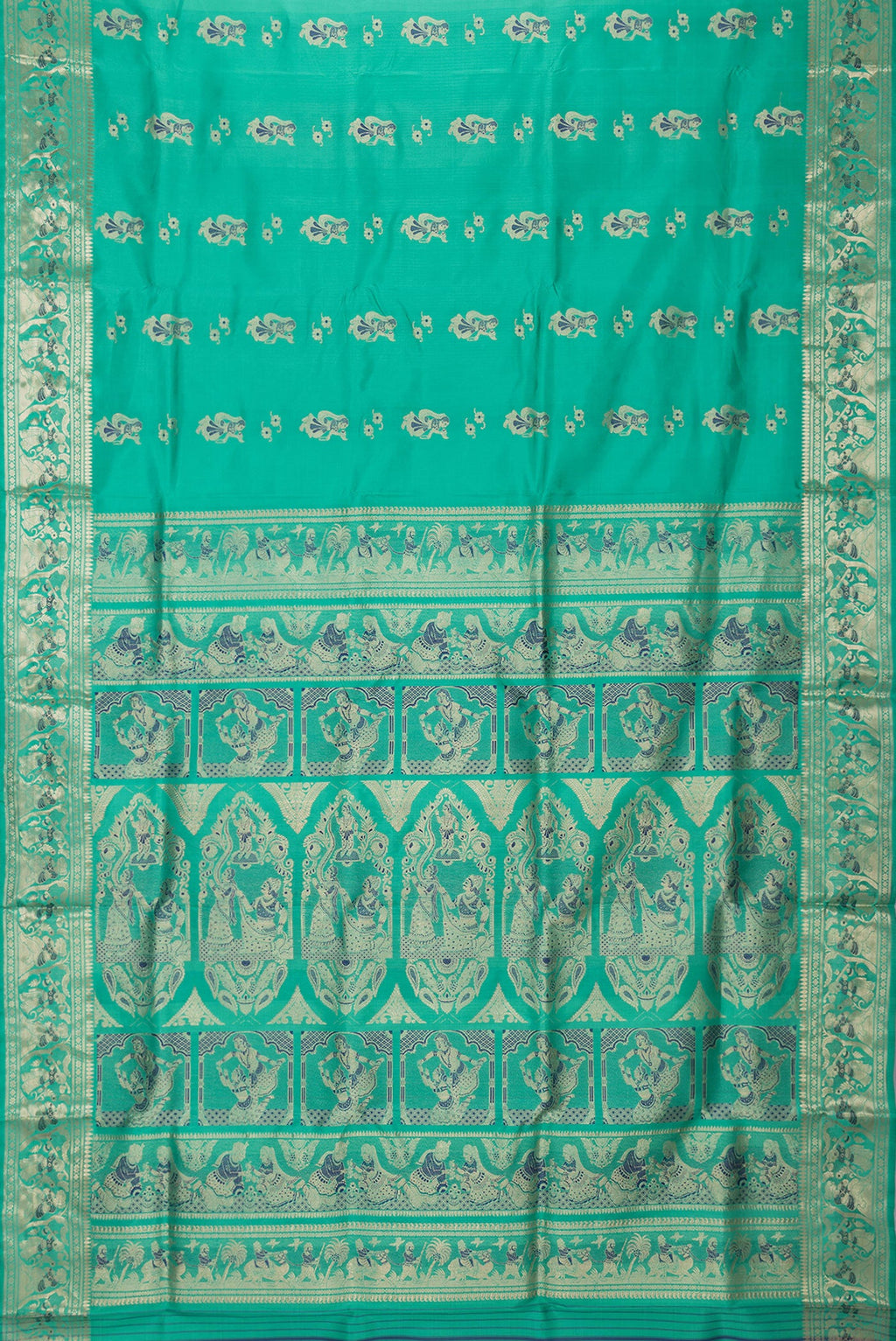 Flat view of Sea Green Dual Tone Baluchari Silk Saree with Zari And Thread Butta on the body and Fancy Border. 
