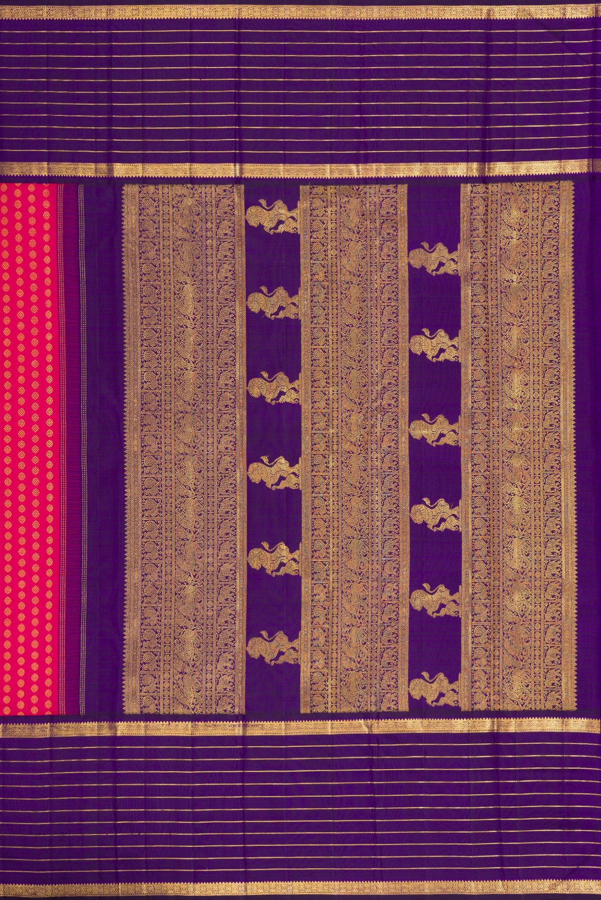 Close up image of the pallu of Pink Dual Tone Kanchipuram Silk Saree with Zari Butta on the body and Zari Border. 
