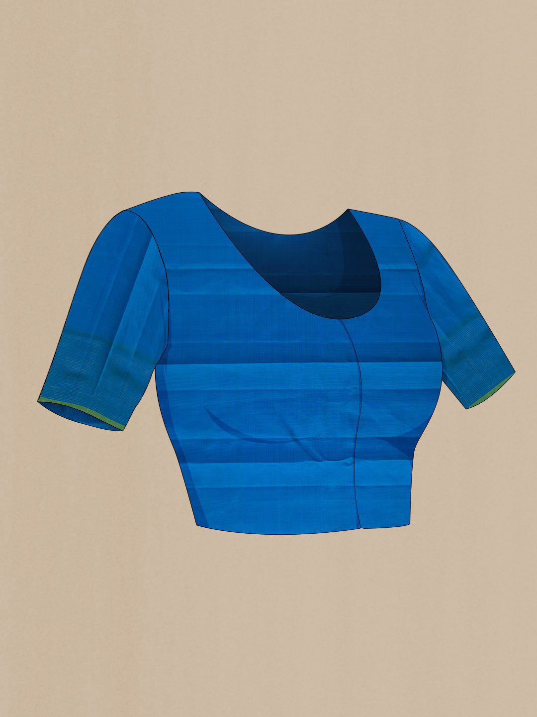 Close up image of the blouse of Navy Blue Dual Tone Kanjivaram Silk Saree with Zari Butta on the body and Zari Border. 