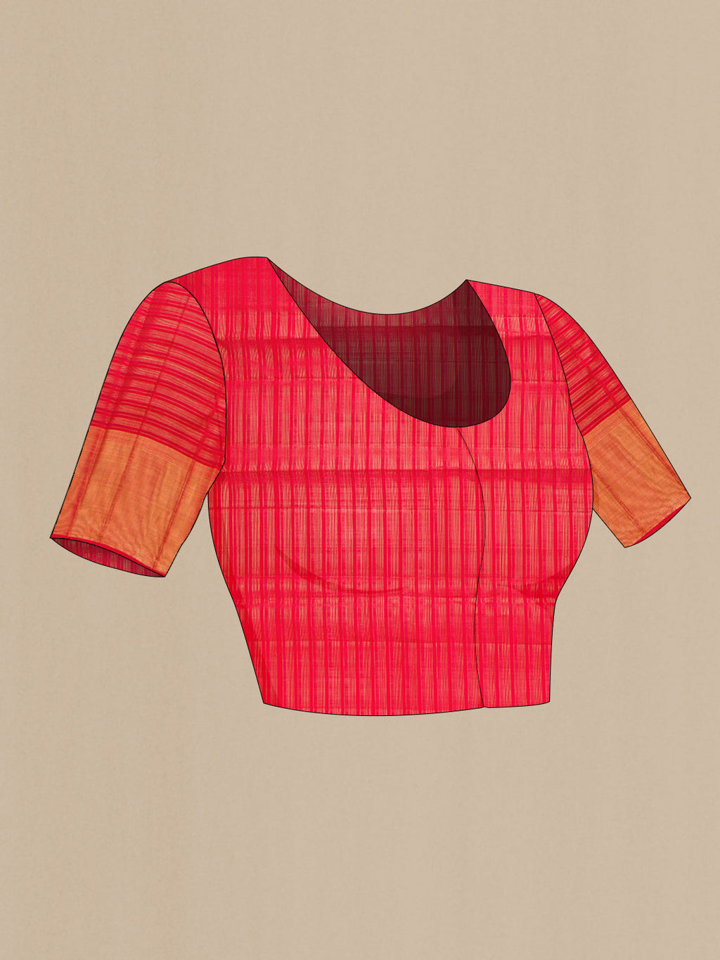 Close up image of the blouse of Red Dual Tone Kanjivaram Silk Saree with Checked design on the body and Zari Border. 