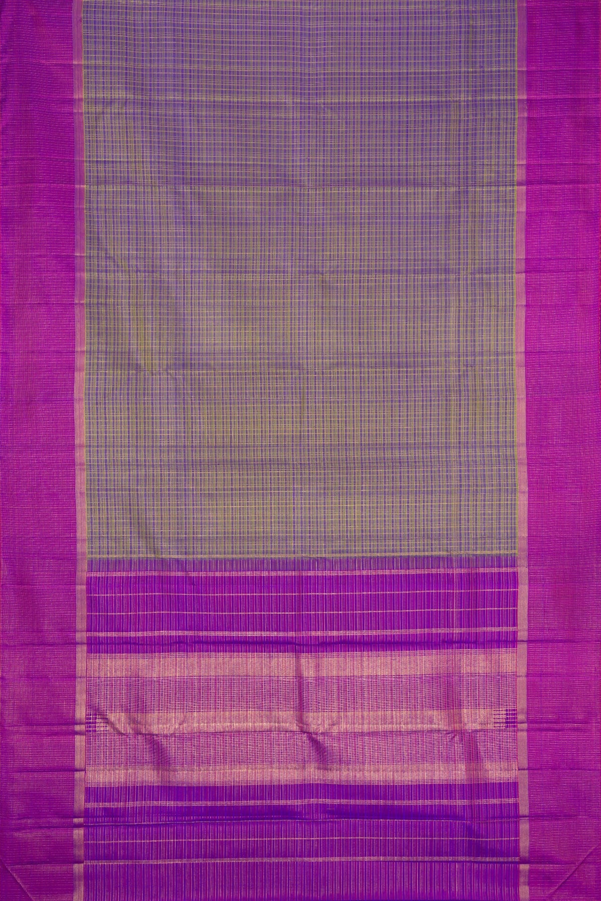 Flat view of Blue Dual Tone Kanjivaram Silk Saree with Checked design on the body and Zari Border. 
