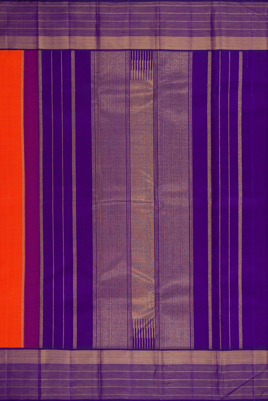 Close up image of the pallu of Pure Silk Pure Zari Orange Dual Tone Kanjivaram Saree with Checked design on the body and Zari Border. 