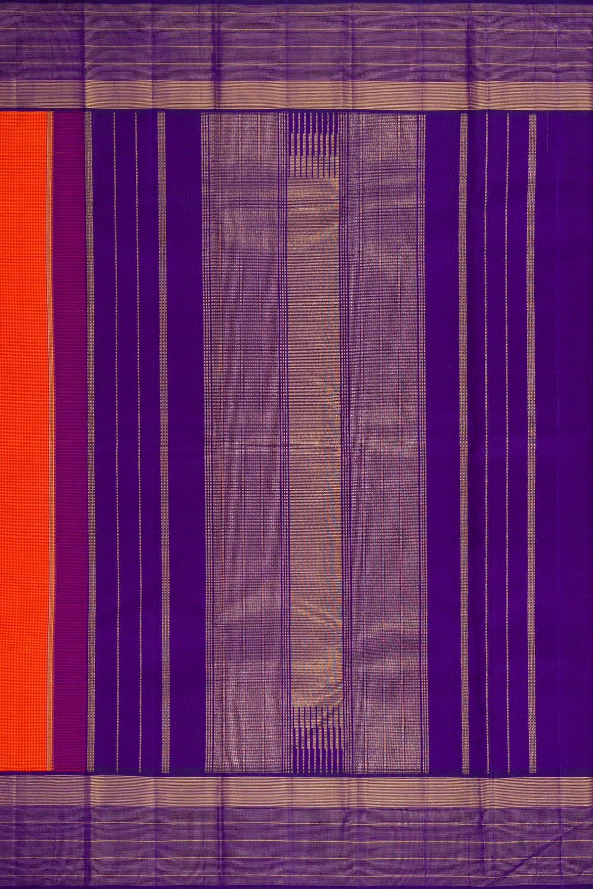Close up image of the pallu of Pure Silk Pure Zari Orange Dual Tone Kanjivaram Saree with Checked design on the body and Zari Border. 
