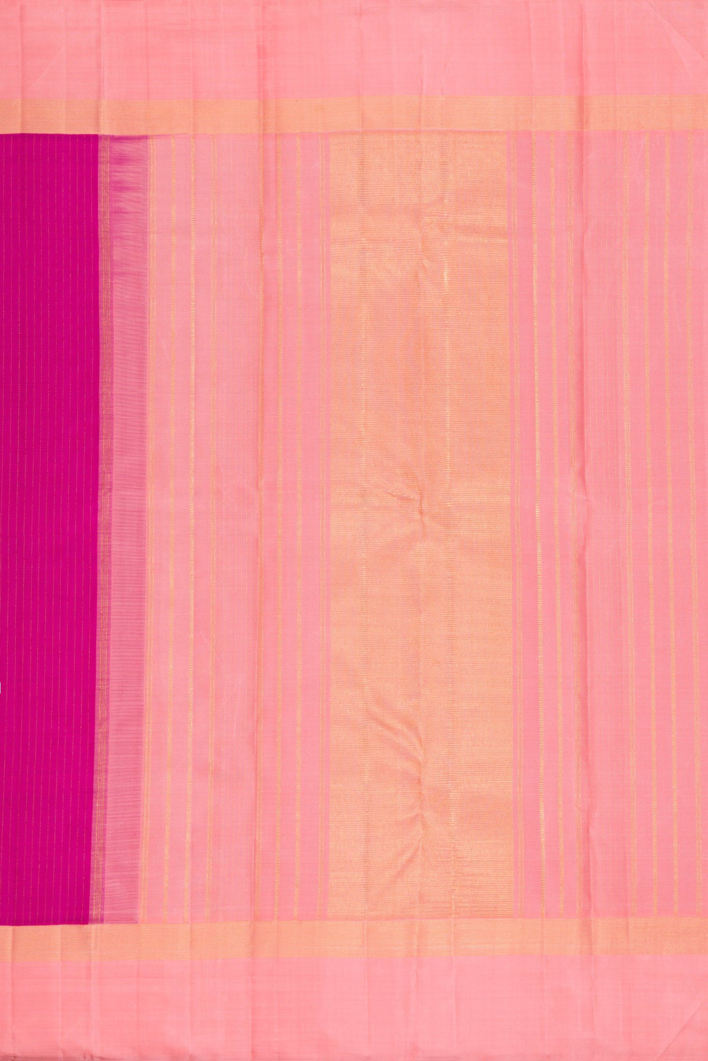 Close up image of the pallu of Purple Dual Tone Kanjivaram Silk Saree with Stripes on the body and Zari Border. 