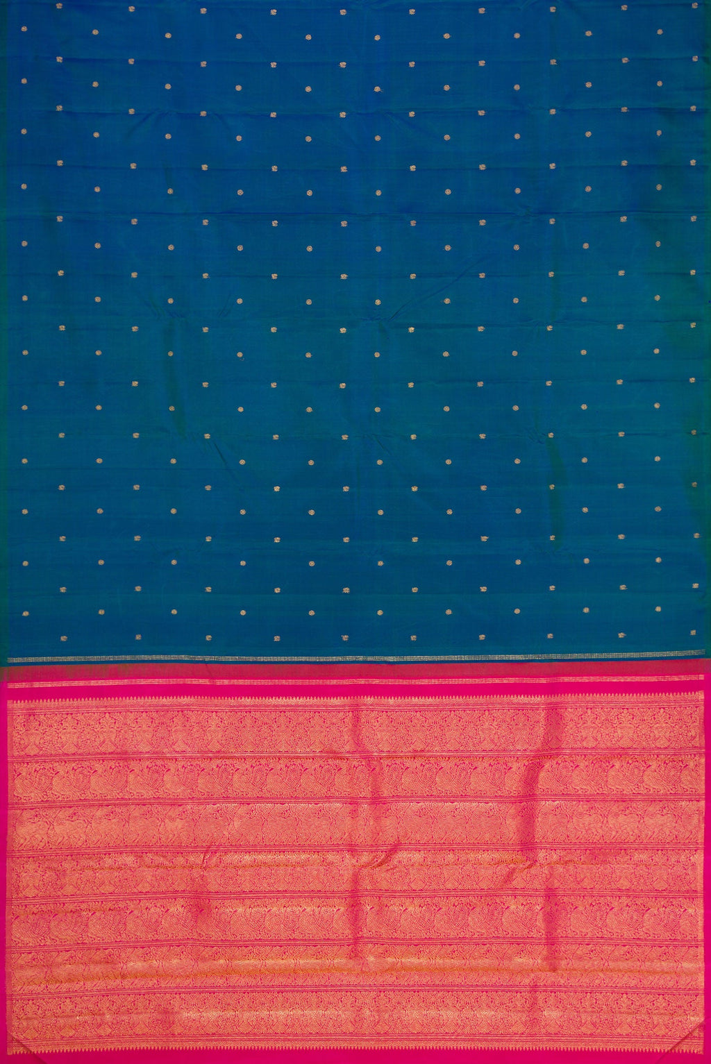 Flat view of Peacock Blue Dual Tone Kanjivaram Silk Saree with Zari Butta on the body and Without Border. 