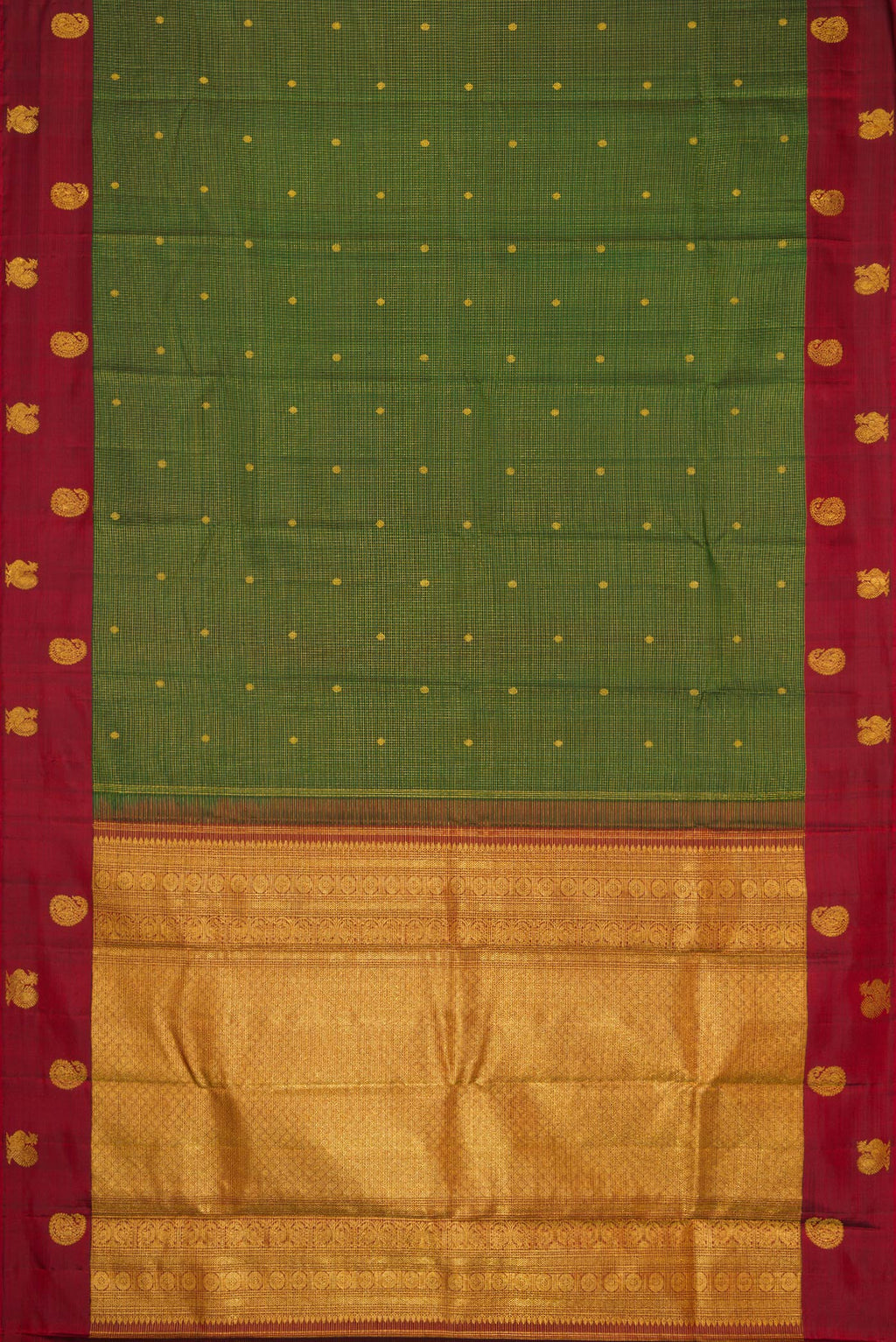 Flat view of Bottle Green Dual Tone Kanjivaram Silk Saree with Checked design on the body and Fancy Border. 