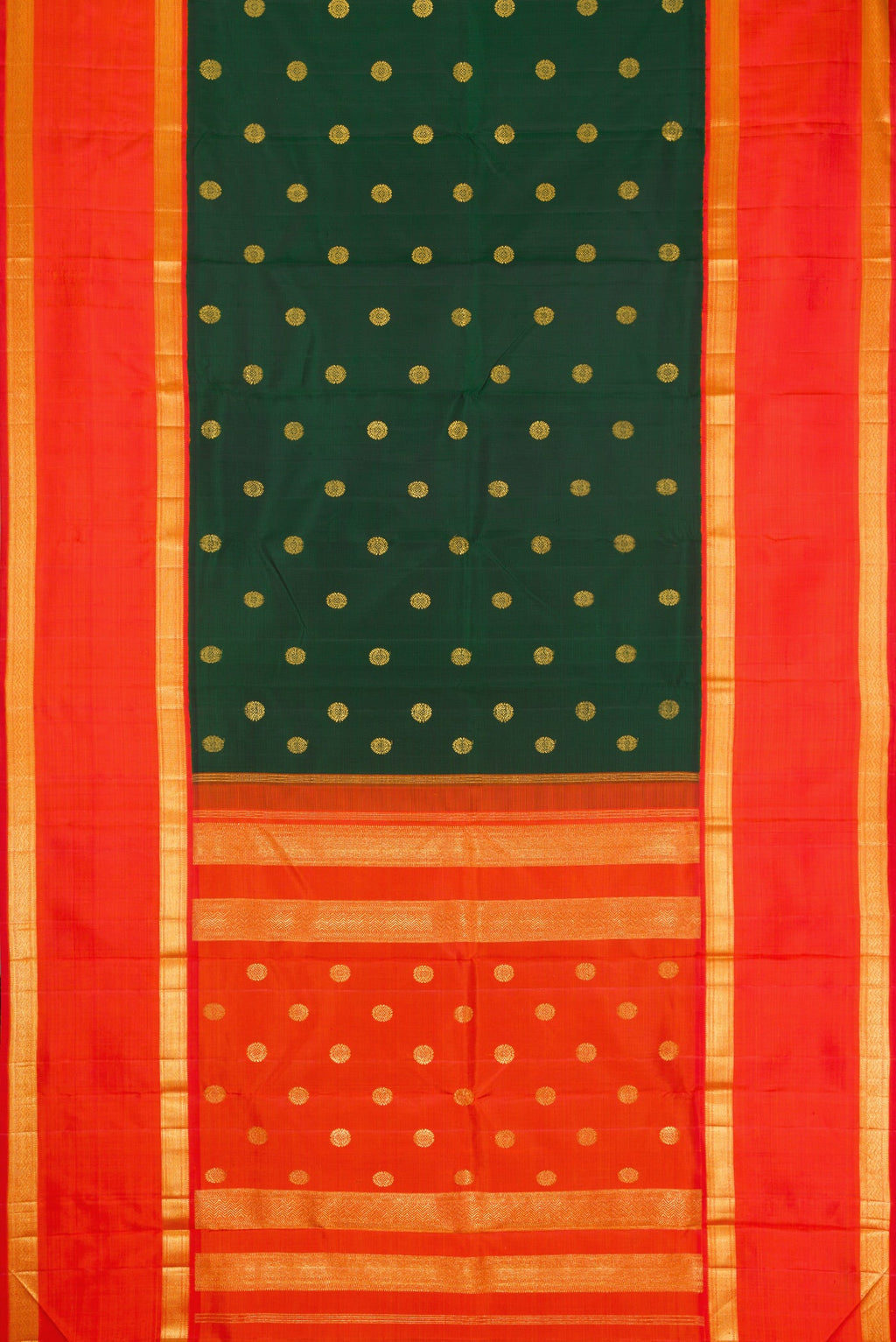 Flat view of Bottle Green Dual Tone Kanchipuram Silk Saree with Zari Butta on the body and Zari Border. 
