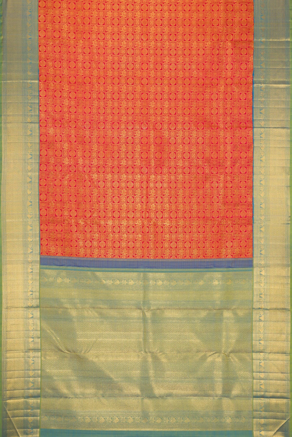 Flat view of Dark Pink Dual Tone Kanchipuram Silk Saree with Zari Brocade on the body and Zari Border. 