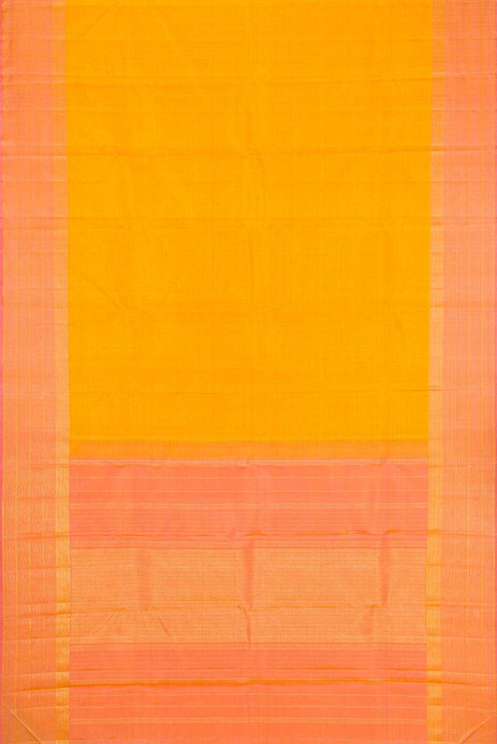 Flat view of Yellow Dual Tone Kanjivaram Silk Saree with Checked design on the body and Zari Border. 