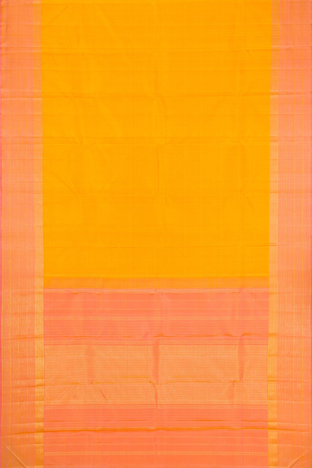 Flat view of Yellow Dual Tone Kanjivaram Silk Saree with Checked design on the body and Zari Border. 