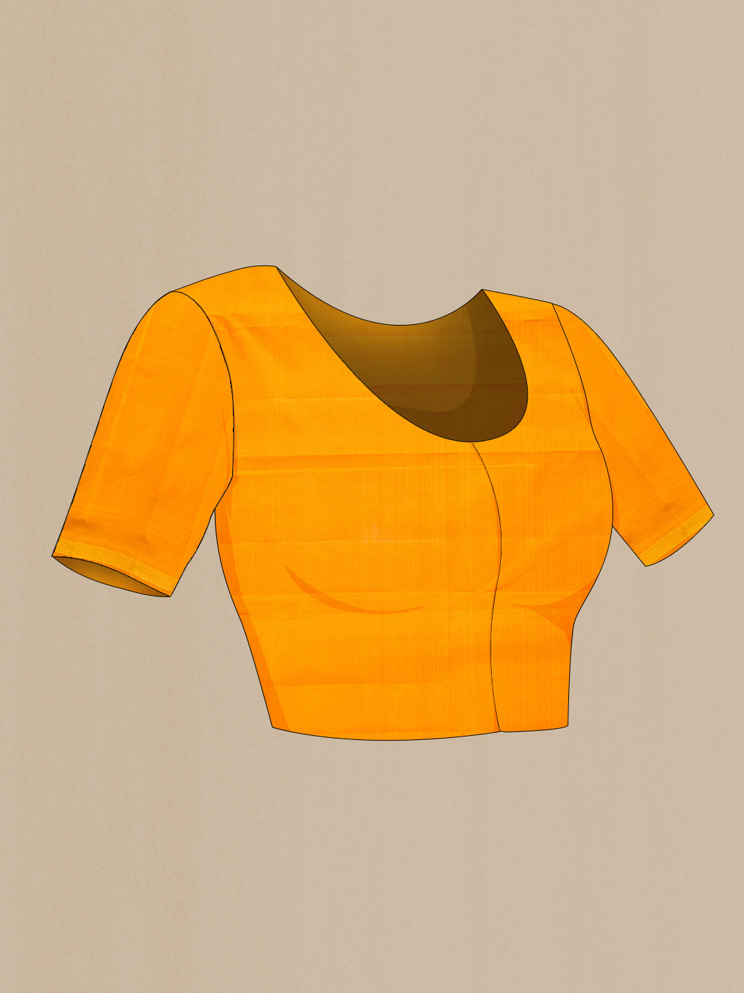 Close up image of the blouse of Beige and Mustard Color Kanjivaram Silk Saree with Half And Half on the body and Thin Zari Line. 